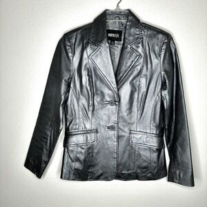 Vintage METROSTYLE Womens Silver Metallic Gray Leather Jacket Blazer Size 6‎